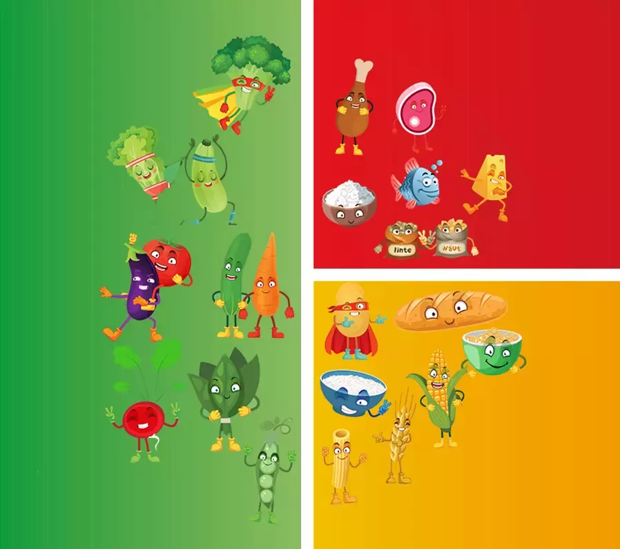 Patrat Nutriportia colorat cu legume, carne si cereale pentru copii. 