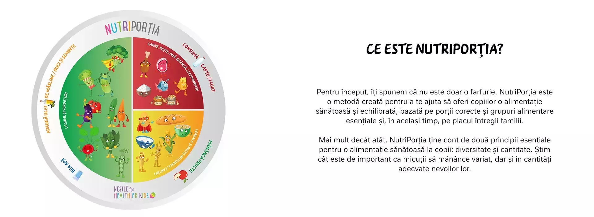 Pentru început, îți spunem că nu este doar o farfurie. NutriPorția este  o metodă creată pentru a te ajuta să oferi copiilor 