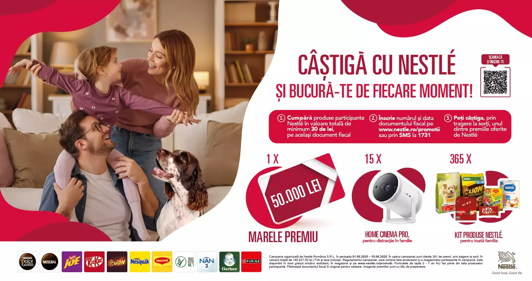 Banner promotional pentru campania „Castiga cu Nestlé si bucura-te de fiecare moment”, cu premii atractive pentru consumatori
