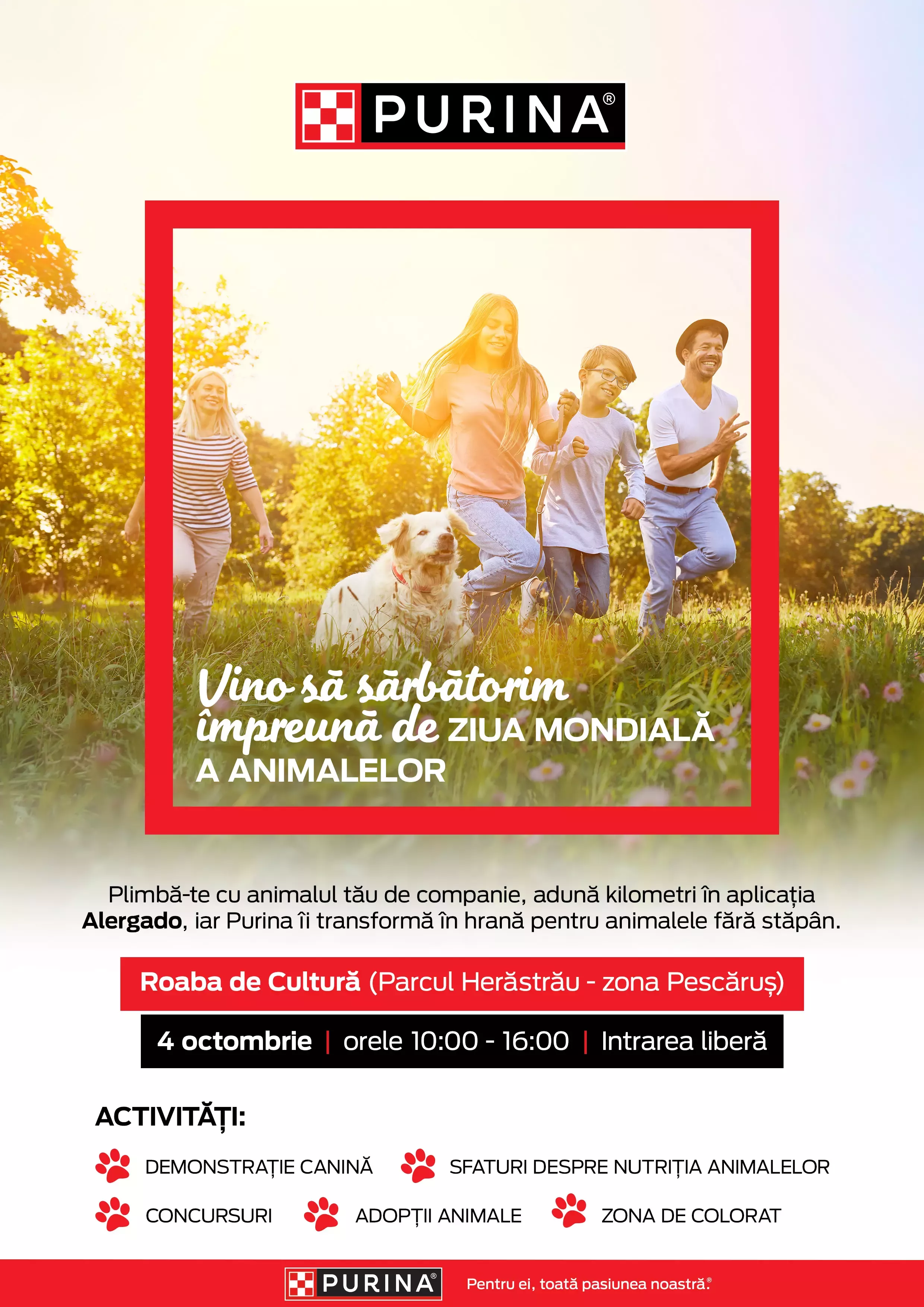 Afiș Purina pentru Ziua Mondială a Animalelor în Parcul Herăstrău, cu activități, adopții și demonstrații canine pe 4 octombrie