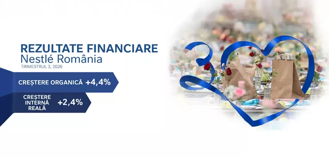 Banner Nestle Romania cu principalele rezultate financiare din T3 2026 si indicatorii de crestere